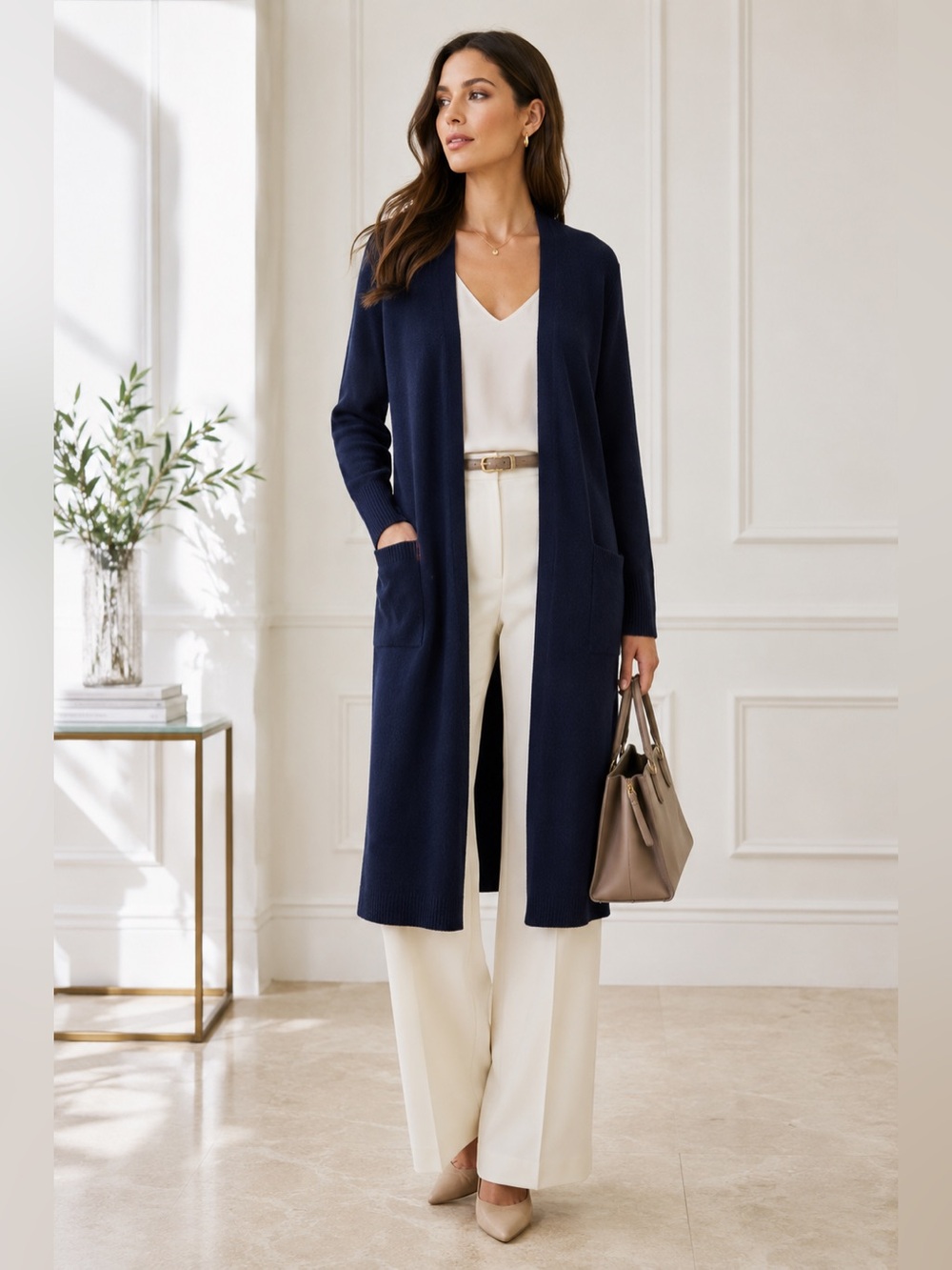 Saks Fifth Avenue navy blue cashmere duster cardigan sweater open front sz small